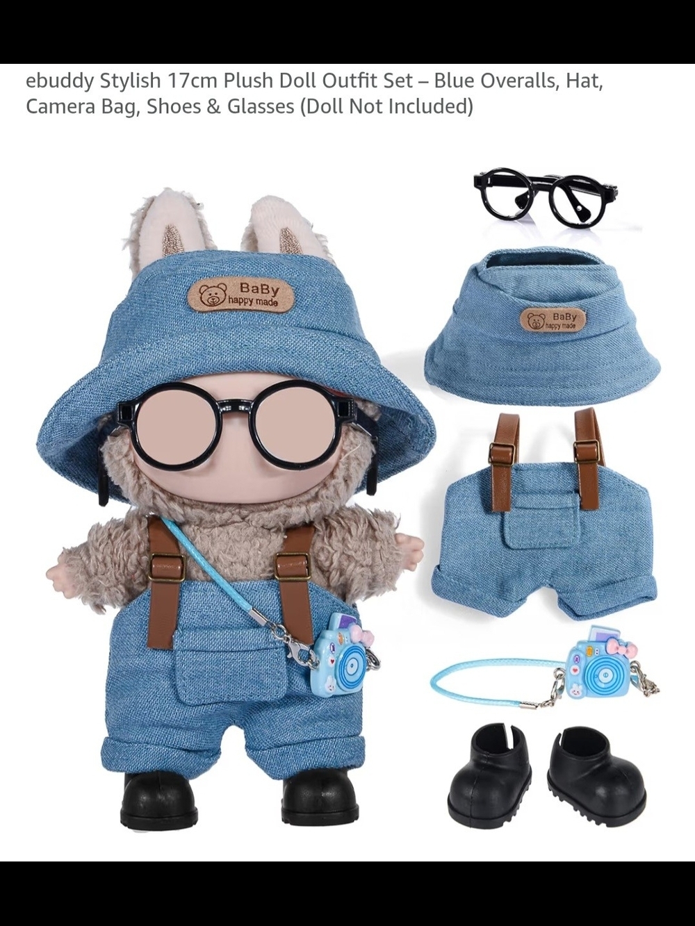 Labubu Blue Denim Doll Outfit Set - Hat, Overalls, Camera Bag & Accessories